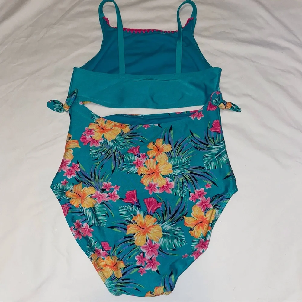 Art Class Teal Blue Pink Tropical Floral Hibiscus Cut Out Bathing Swim Suit